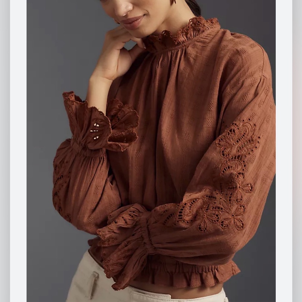 Anthropologie Pilcro Bubble Blouse NWT Rust Cotton Long-Sleeve Victorian XL